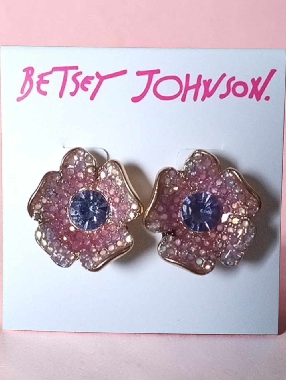 🪻BOGO* Betsey Ombré Microcrystals Pavé Stone Flower Gold-tone Earrings NWT